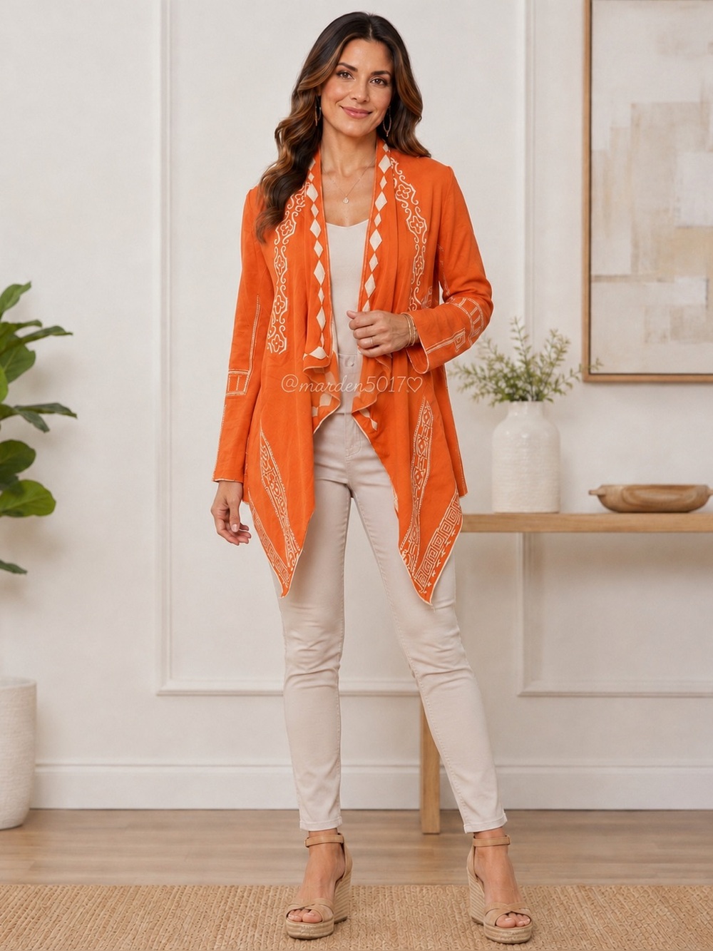 Monoreno Embroidered Boho Orange Open-Front Women's Jacket